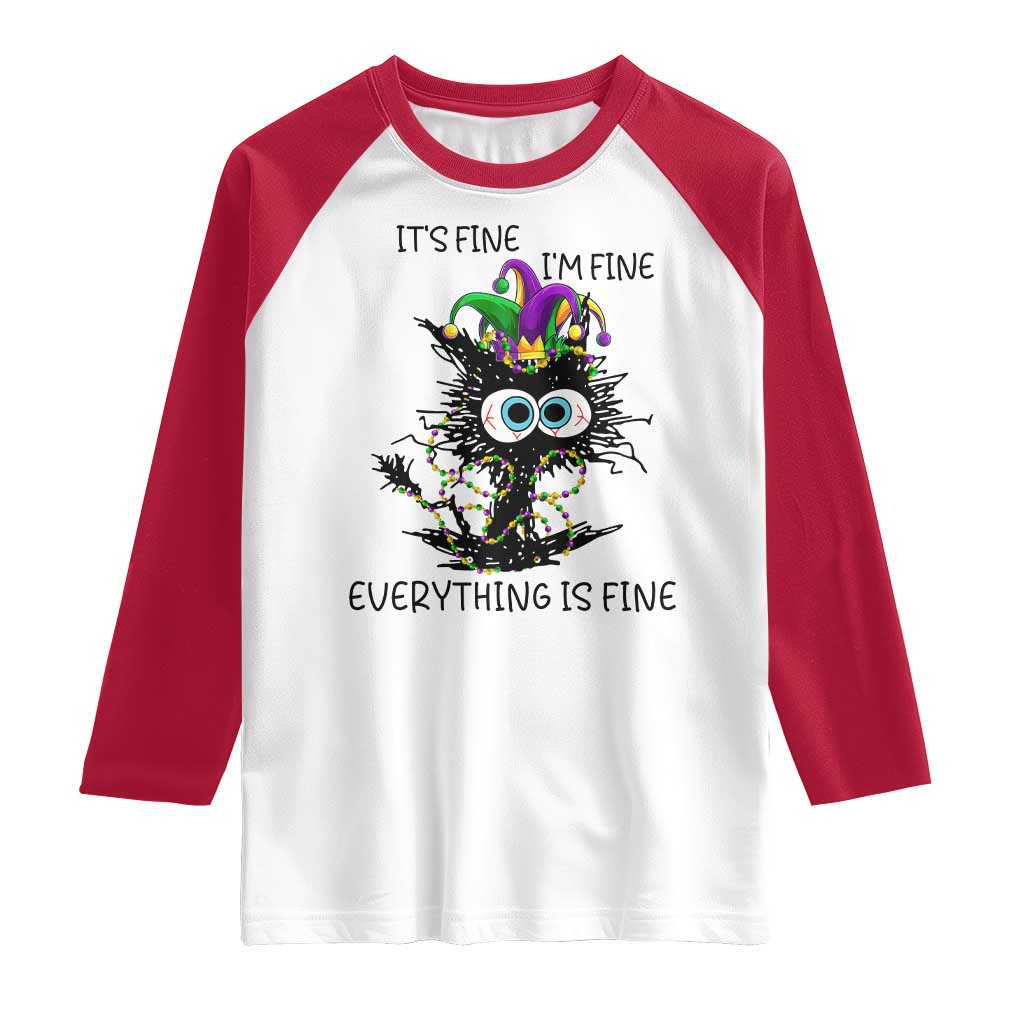 Funny Mardi Gras Cat Raglan Shirt It's Fine I'm Fine Everything Is Fine Jester Hat Beads
