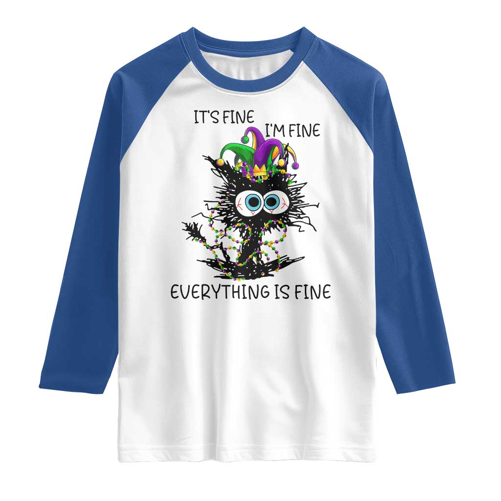 Funny Mardi Gras Cat Raglan Shirt It's Fine I'm Fine Everything Is Fine Jester Hat Beads