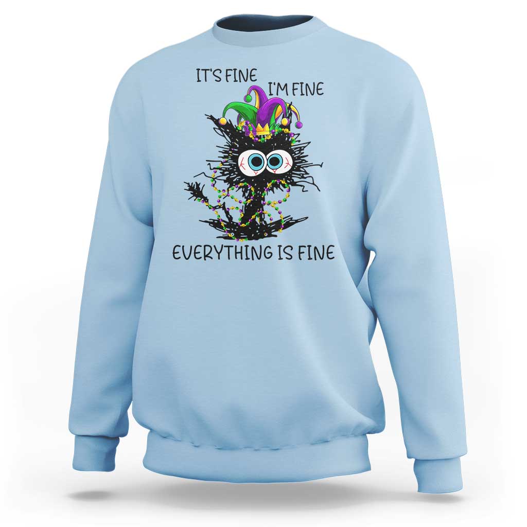 Funny Mardi Gras Cat Sweatshirt It's Fine I'm Fine Everything Is Fine Jester Hat Beads