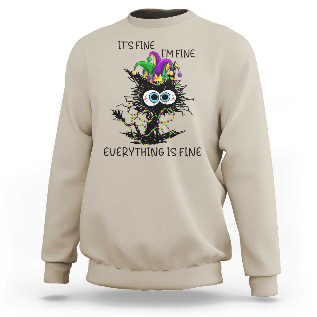 Funny Mardi Gras Cat Sweatshirt It's Fine I'm Fine Everything Is Fine Jester Hat Beads