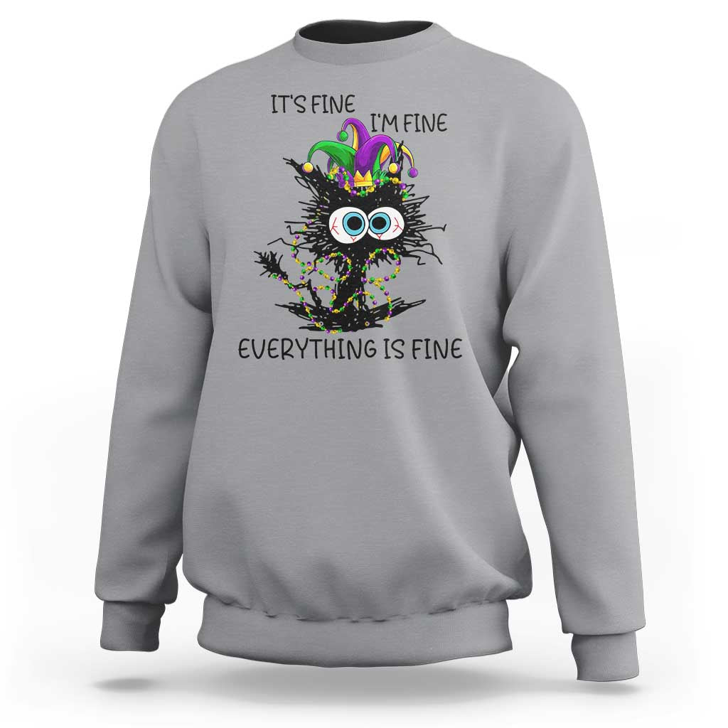 Funny Mardi Gras Cat Sweatshirt It's Fine I'm Fine Everything Is Fine Jester Hat Beads