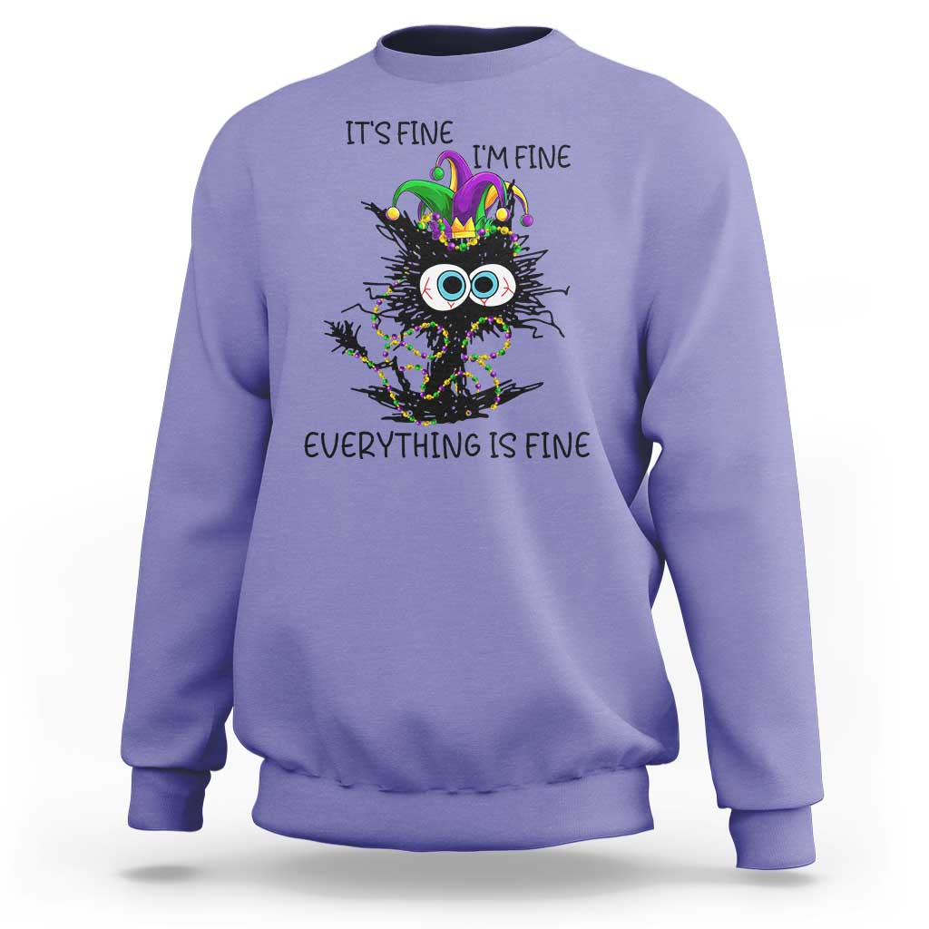 Funny Mardi Gras Cat Sweatshirt It's Fine I'm Fine Everything Is Fine Jester Hat Beads