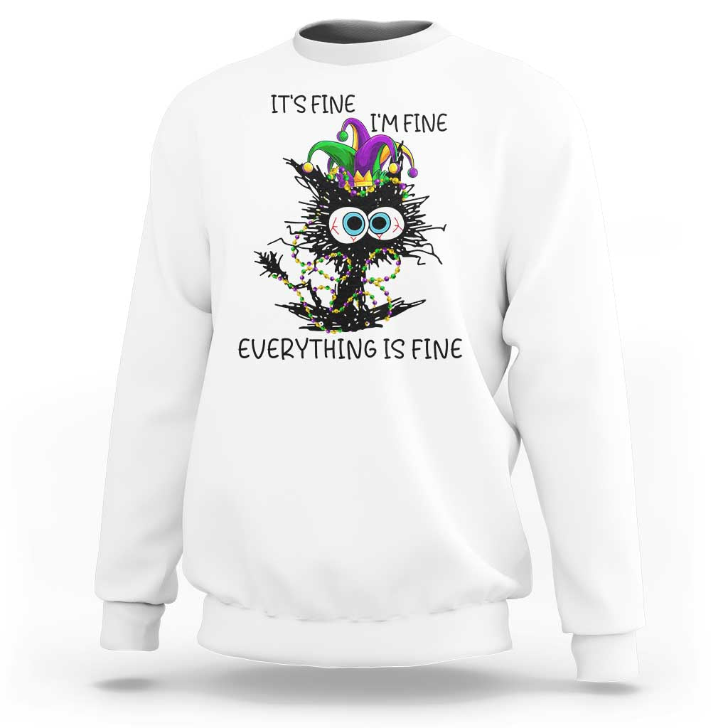 Funny Mardi Gras Cat Sweatshirt It's Fine I'm Fine Everything Is Fine Jester Hat Beads