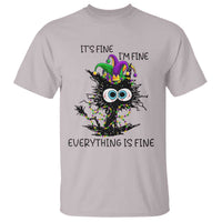 Funny Mardi Gras Cat T Shirt It's Fine I'm Fine Everything Is Fine Jester Hat Beads