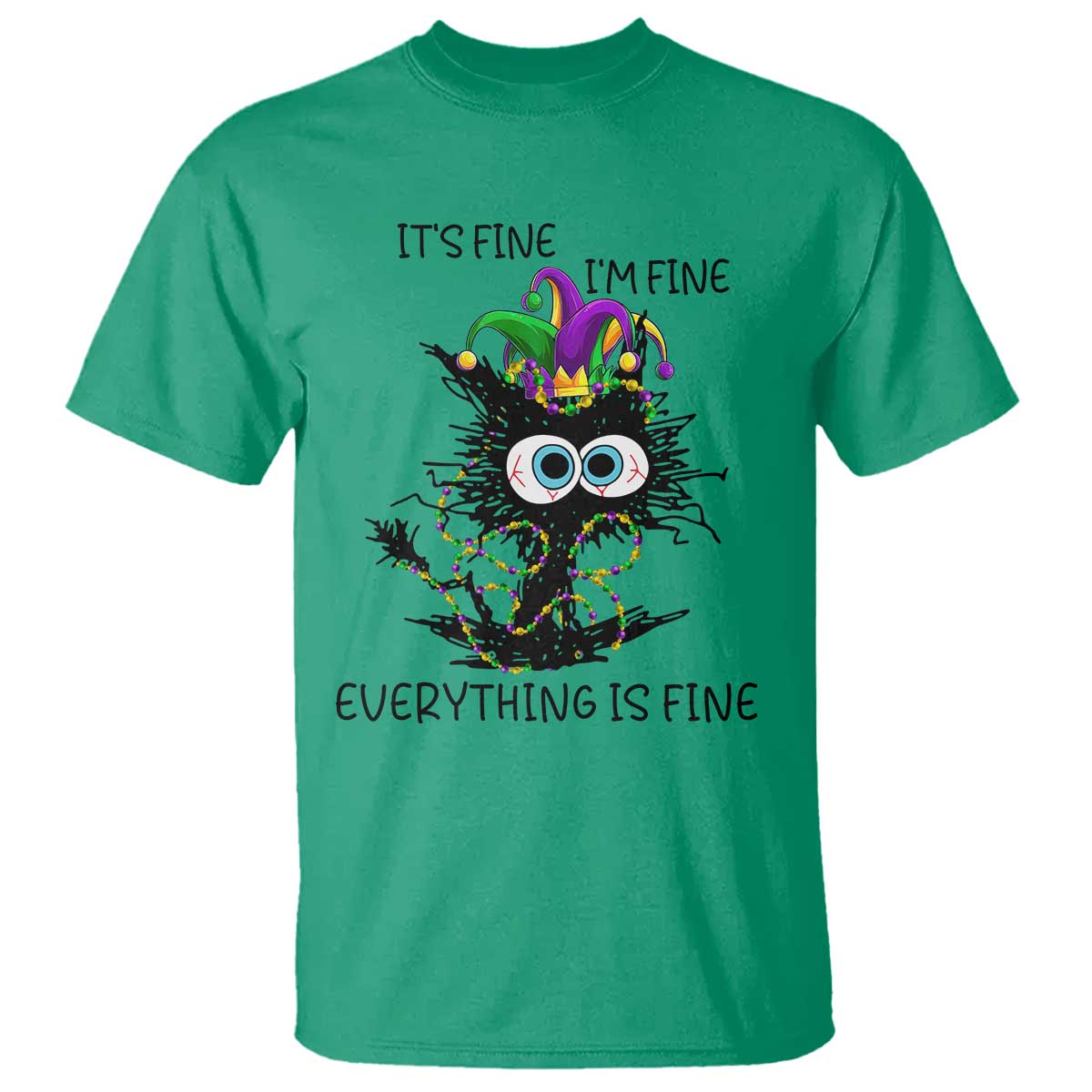 Funny Mardi Gras Cat T Shirt It's Fine I'm Fine Everything Is Fine Jester Hat Beads