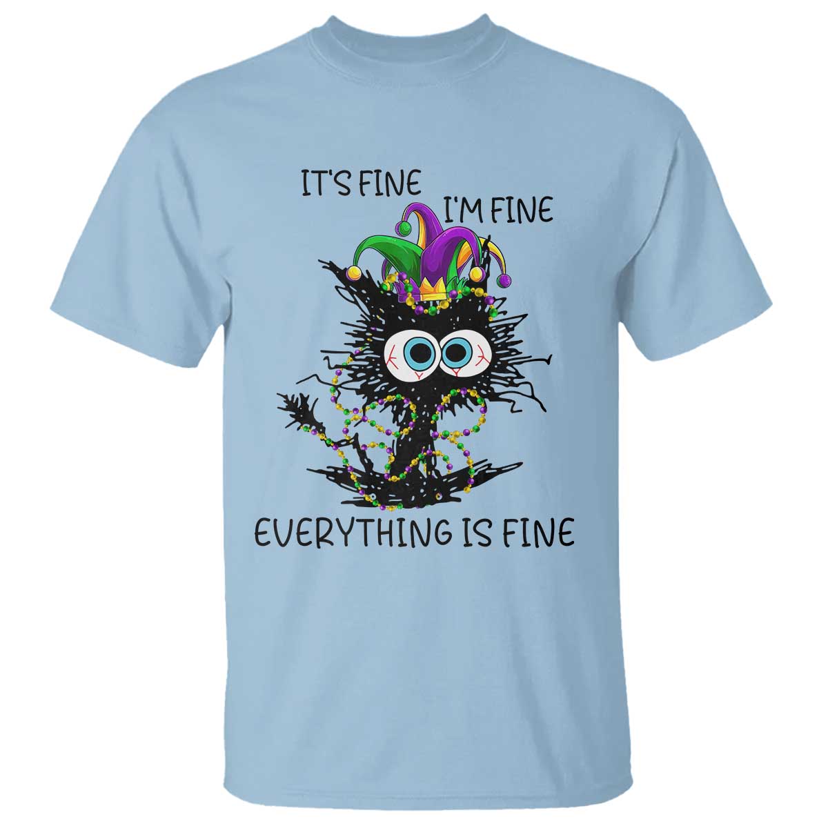 Funny Mardi Gras Cat T Shirt It's Fine I'm Fine Everything Is Fine Jester Hat Beads