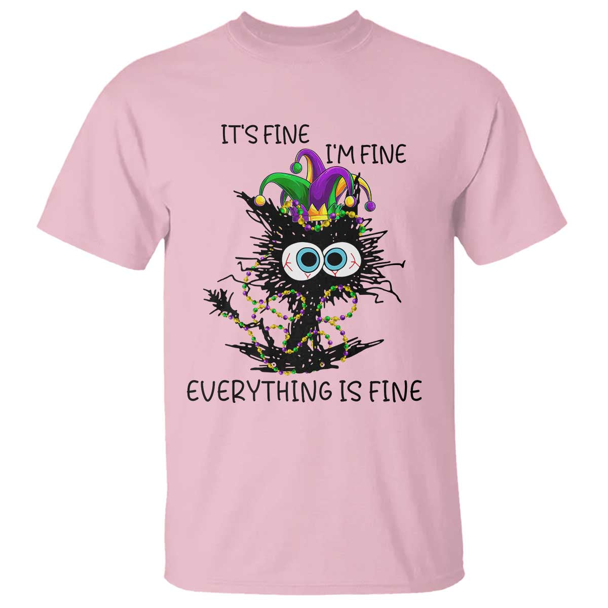 Funny Mardi Gras Cat T Shirt It's Fine I'm Fine Everything Is Fine Jester Hat Beads