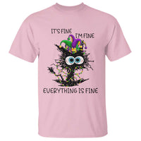 Funny Mardi Gras Cat T Shirt It's Fine I'm Fine Everything Is Fine Jester Hat Beads