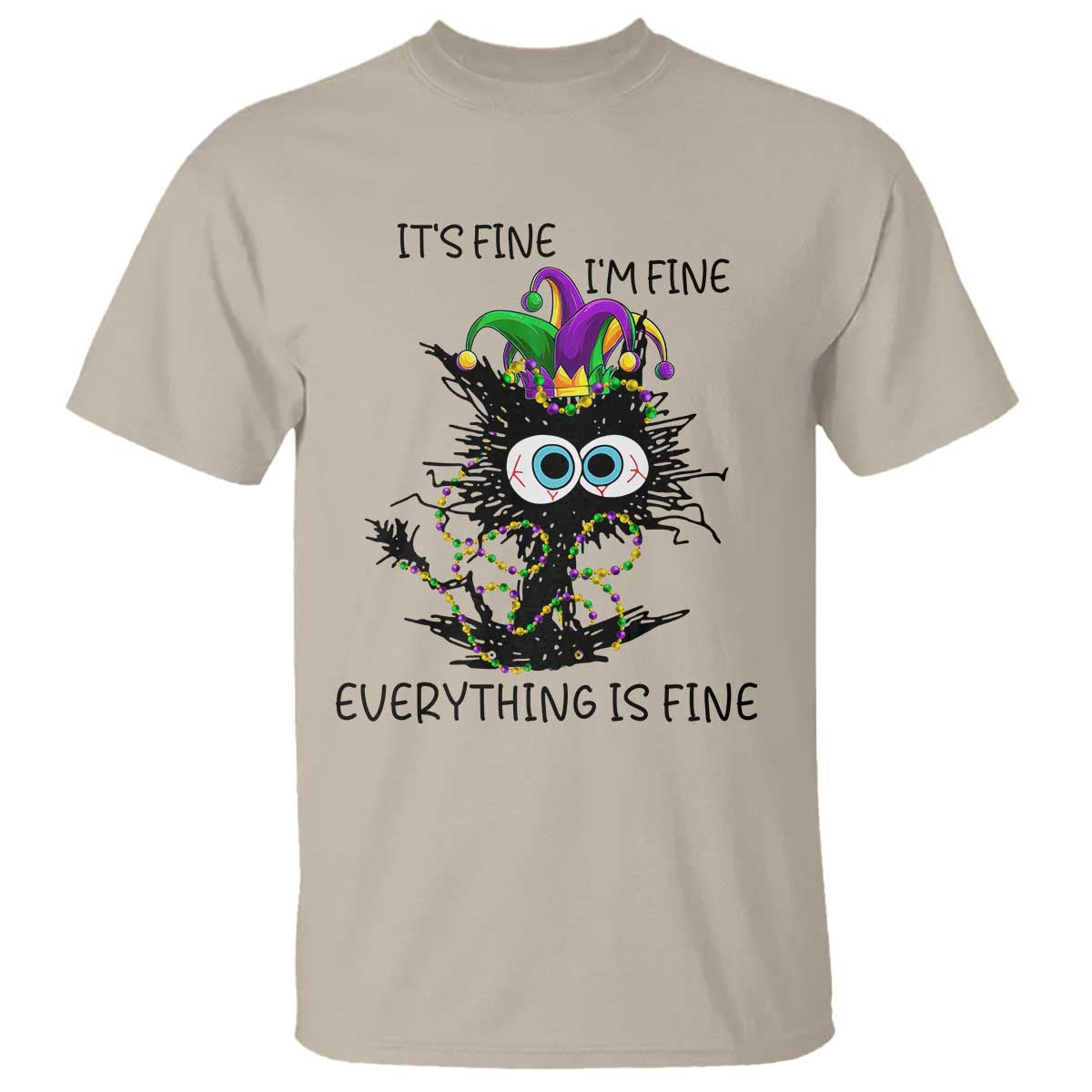 Funny Mardi Gras Cat T Shirt It's Fine I'm Fine Everything Is Fine Jester Hat Beads