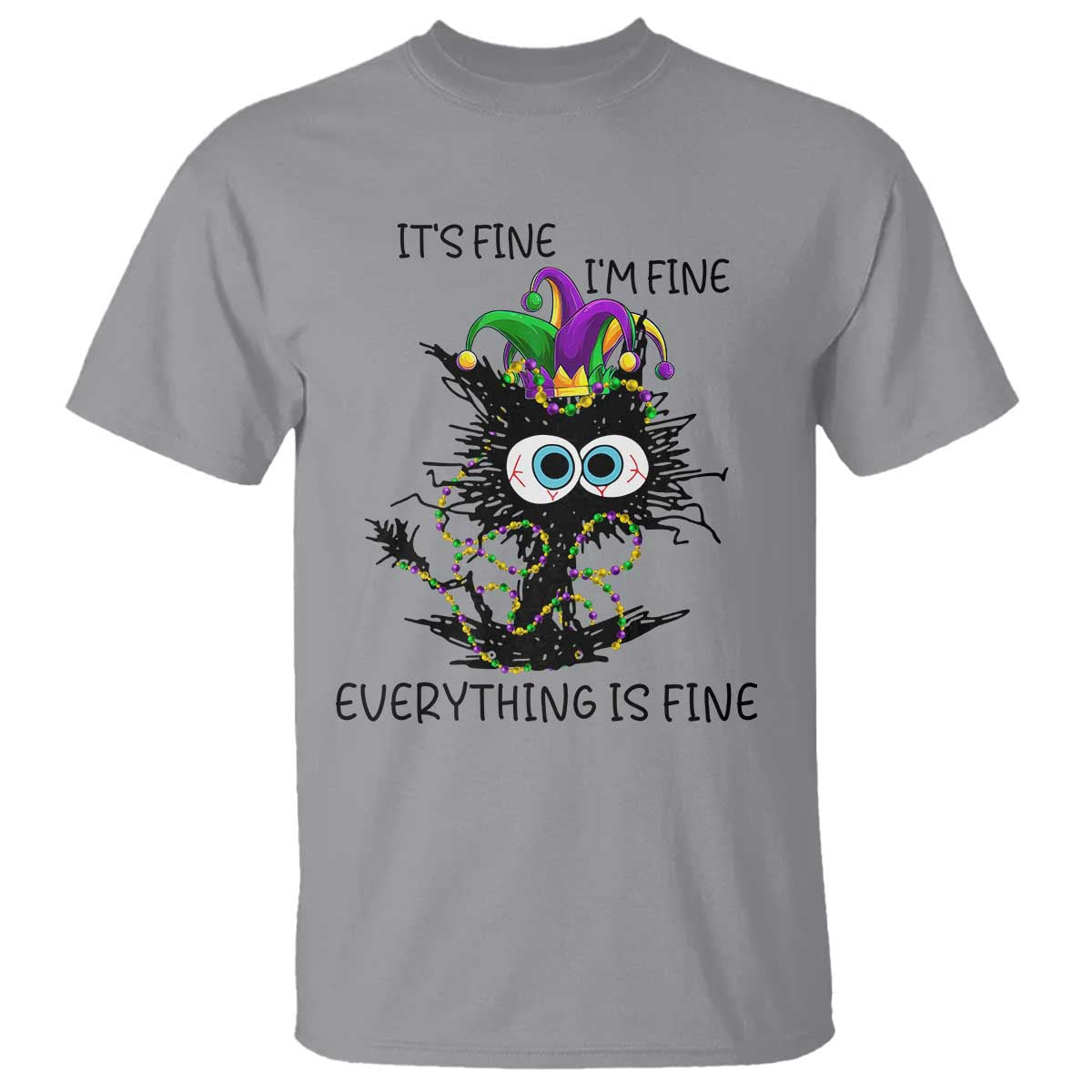 Funny Mardi Gras Cat T Shirt It's Fine I'm Fine Everything Is Fine Jester Hat Beads