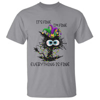 Funny Mardi Gras Cat T Shirt It's Fine I'm Fine Everything Is Fine Jester Hat Beads