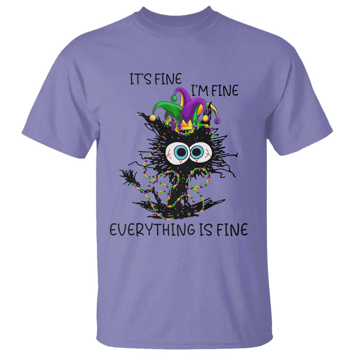 Funny Mardi Gras Cat T Shirt It's Fine I'm Fine Everything Is Fine Jester Hat Beads