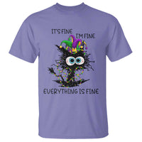 Funny Mardi Gras Cat T Shirt It's Fine I'm Fine Everything Is Fine Jester Hat Beads