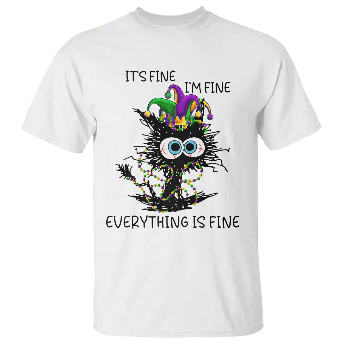 Funny Mardi Gras Cat T Shirt It's Fine I'm Fine Everything Is Fine Jester Hat Beads