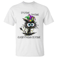 Funny Mardi Gras Cat T Shirt It's Fine I'm Fine Everything Is Fine Jester Hat Beads