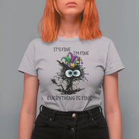 Funny Mardi Gras Cat T Shirt For Women It's Fine I'm Fine Everything Is Fine Jester Hat Beads
