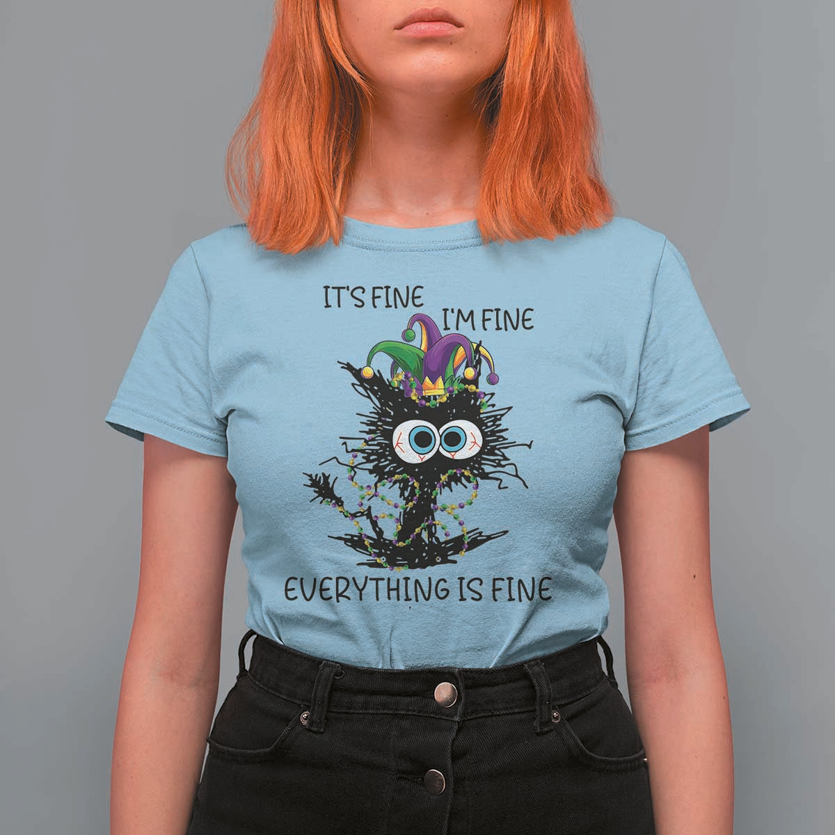 Funny Mardi Gras Cat T Shirt For Women It's Fine I'm Fine Everything Is Fine Jester Hat Beads