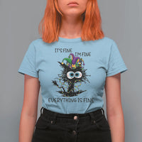 Funny Mardi Gras Cat T Shirt For Women It's Fine I'm Fine Everything Is Fine Jester Hat Beads