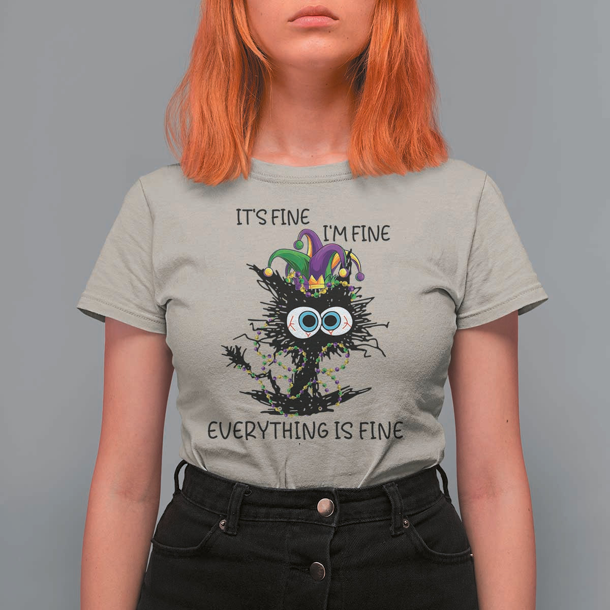 Funny Mardi Gras Cat T Shirt For Women It's Fine I'm Fine Everything Is Fine Jester Hat Beads