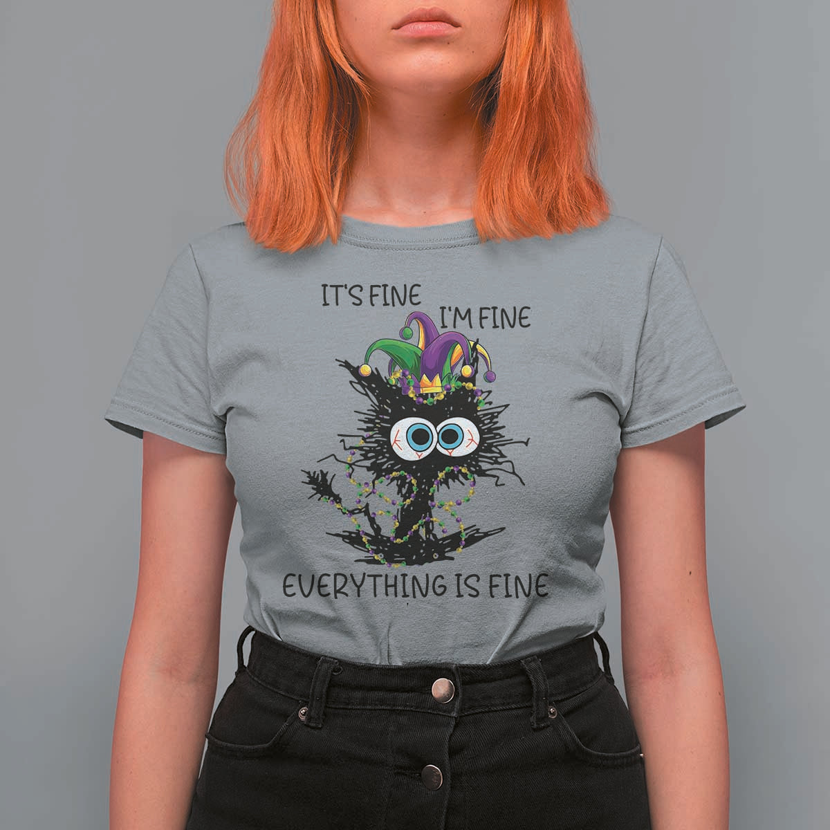 Funny Mardi Gras Cat T Shirt For Women It's Fine I'm Fine Everything Is Fine Jester Hat Beads