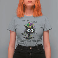 Funny Mardi Gras Cat T Shirt For Women It's Fine I'm Fine Everything Is Fine Jester Hat Beads