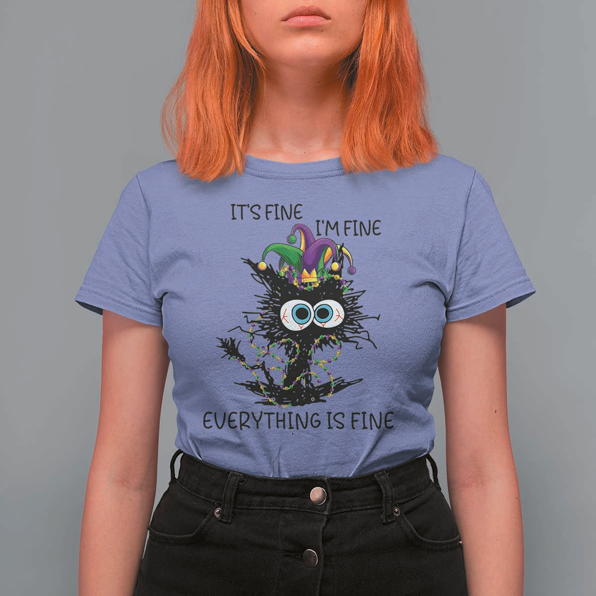 Funny Mardi Gras Cat T Shirt For Women It's Fine I'm Fine Everything Is Fine Jester Hat Beads