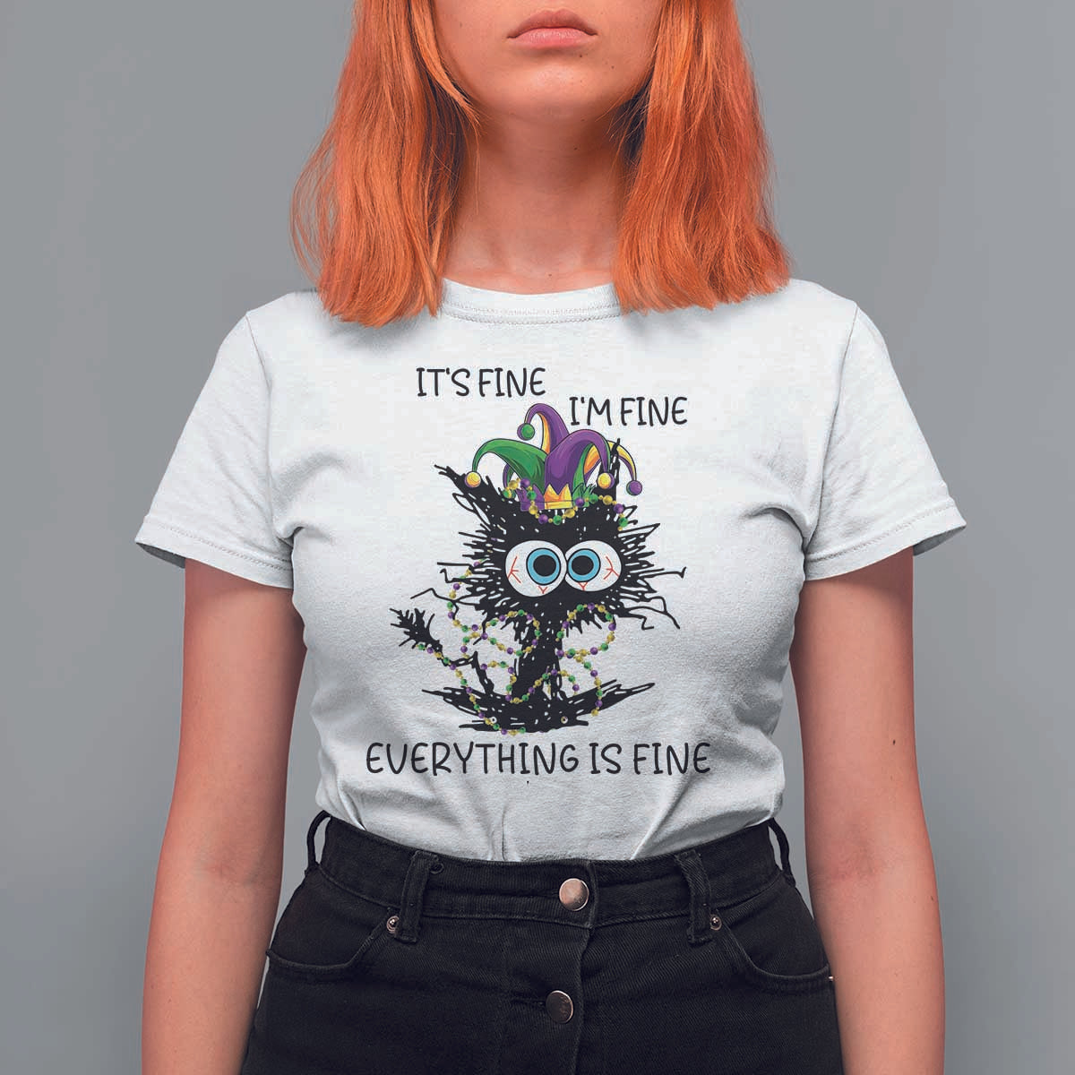 Funny Mardi Gras Cat T Shirt For Women It's Fine I'm Fine Everything Is Fine Jester Hat Beads