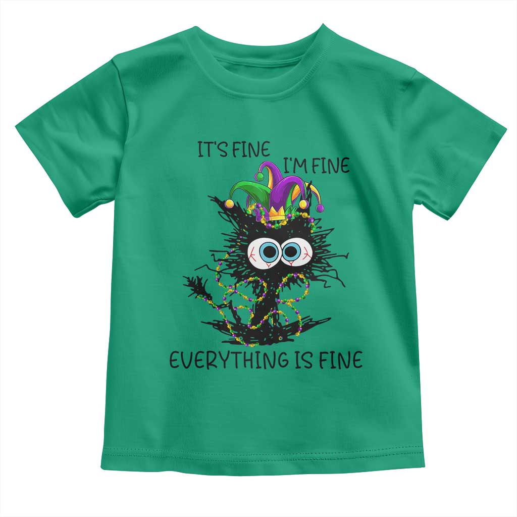 Funny Mardi Gras Cat Toddler T Shirt It's Fine I'm Fine Everything Is Fine Jester Hat Beads