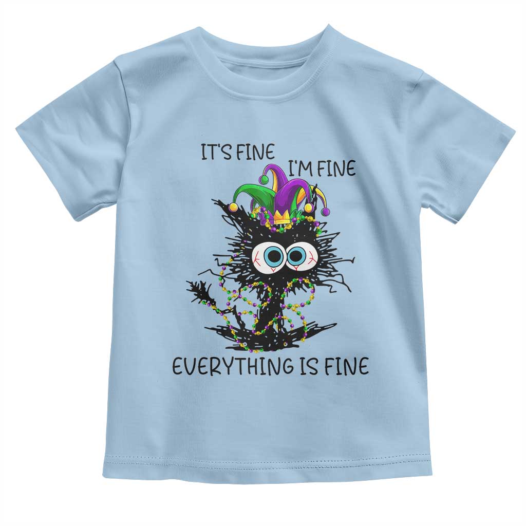 Funny Mardi Gras Cat Toddler T Shirt It's Fine I'm Fine Everything Is Fine Jester Hat Beads