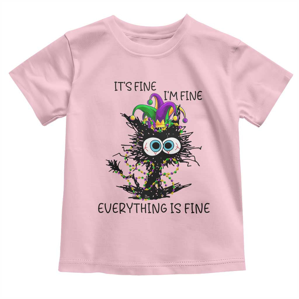 Funny Mardi Gras Cat Toddler T Shirt It's Fine I'm Fine Everything Is Fine Jester Hat Beads