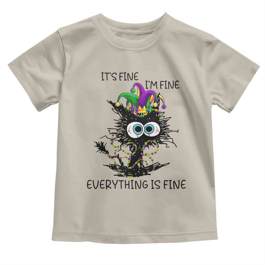 Funny Mardi Gras Cat Toddler T Shirt It's Fine I'm Fine Everything Is Fine Jester Hat Beads