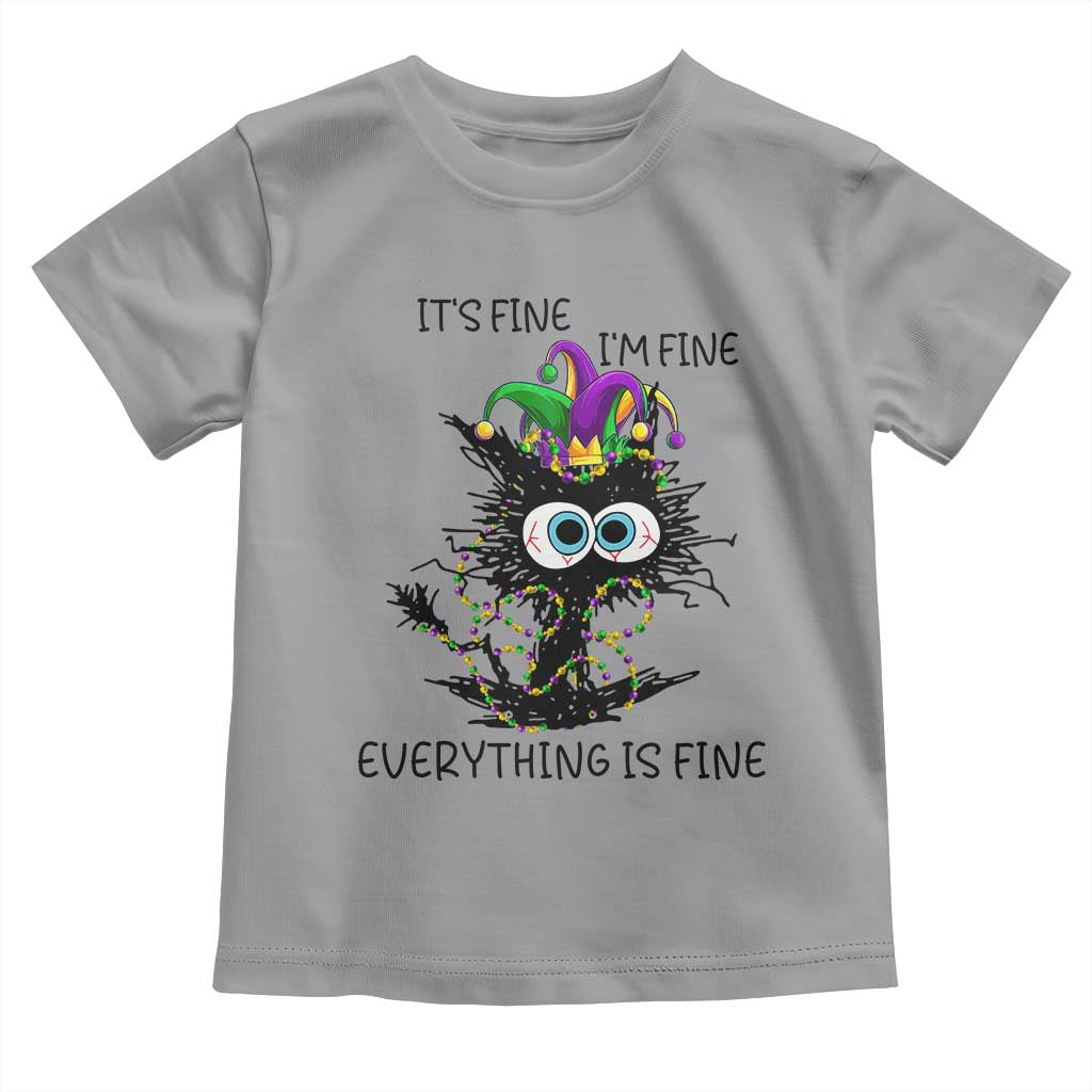 Funny Mardi Gras Cat Toddler T Shirt It's Fine I'm Fine Everything Is Fine Jester Hat Beads
