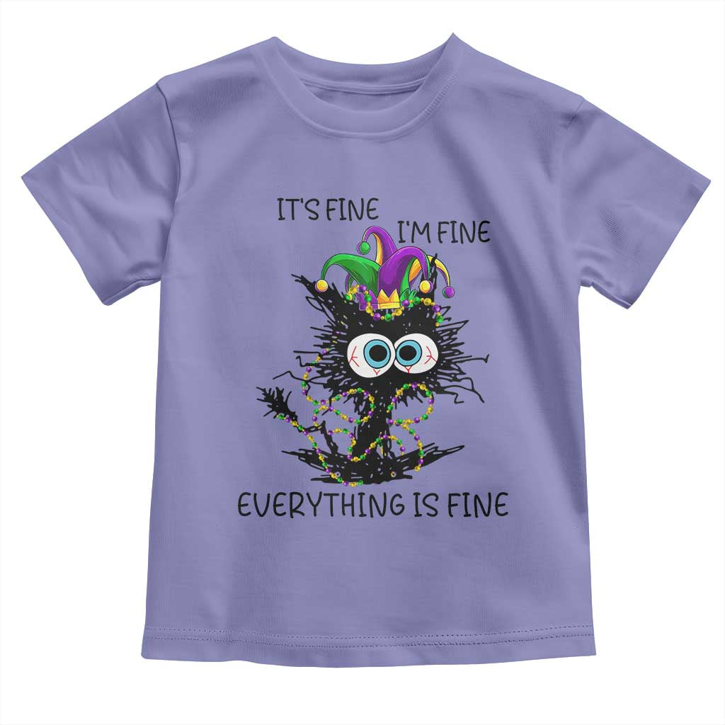 Funny Mardi Gras Cat Toddler T Shirt It's Fine I'm Fine Everything Is Fine Jester Hat Beads