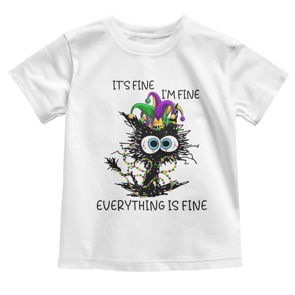 Funny Mardi Gras Cat Toddler T Shirt It's Fine I'm Fine Everything Is Fine Jester Hat Beads