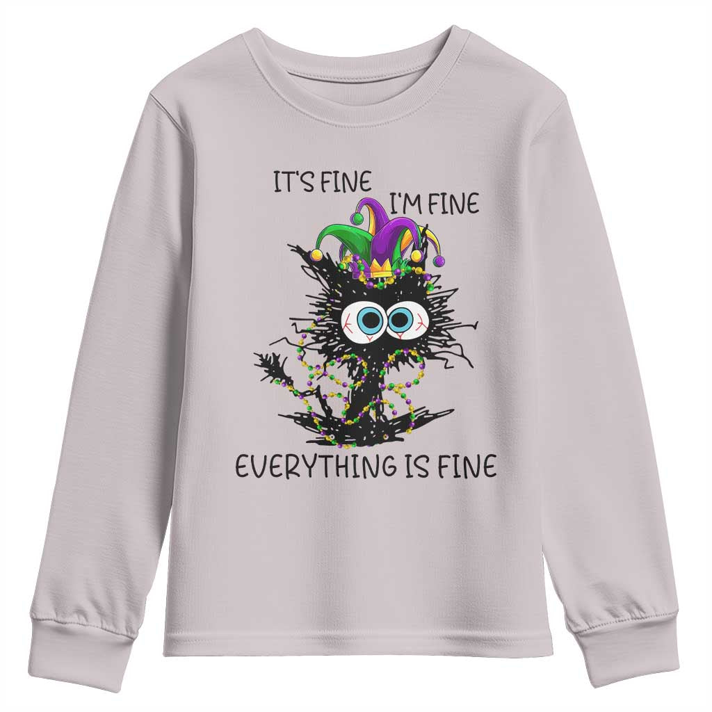 Funny Mardi Gras Cat Youth Sweatshirt It's Fine I'm Fine Everything Is Fine Jester Hat Beads