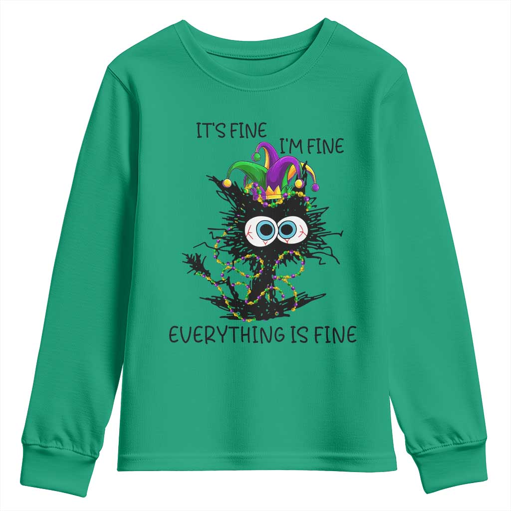 Funny Mardi Gras Cat Youth Sweatshirt It's Fine I'm Fine Everything Is Fine Jester Hat Beads