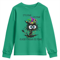 Funny Mardi Gras Cat Youth Sweatshirt It's Fine I'm Fine Everything Is Fine Jester Hat Beads