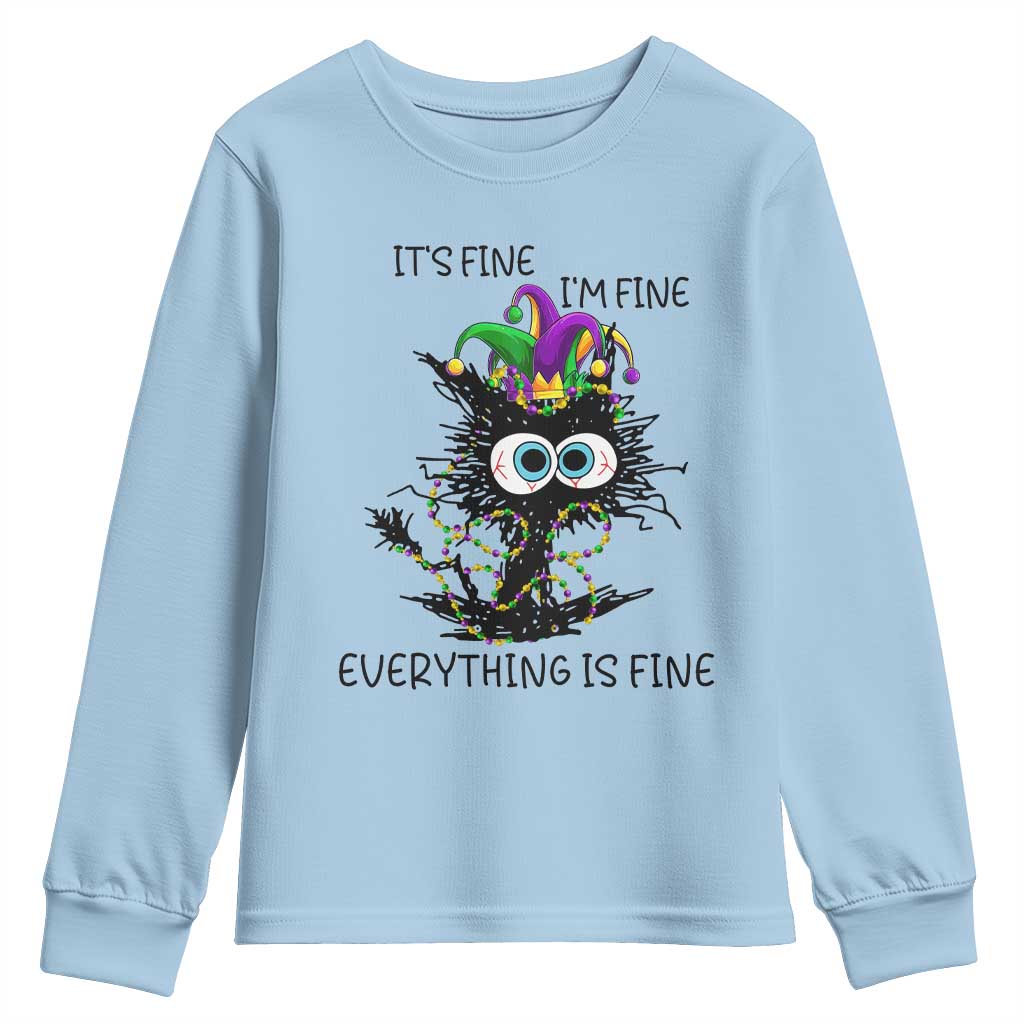 Funny Mardi Gras Cat Youth Sweatshirt It's Fine I'm Fine Everything Is Fine Jester Hat Beads
