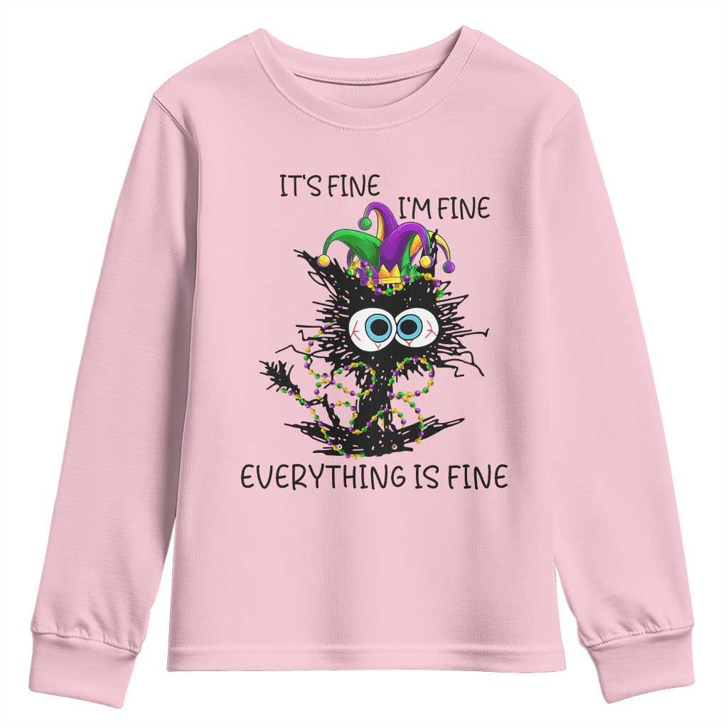 Funny Mardi Gras Cat Youth Sweatshirt It's Fine I'm Fine Everything Is Fine Jester Hat Beads