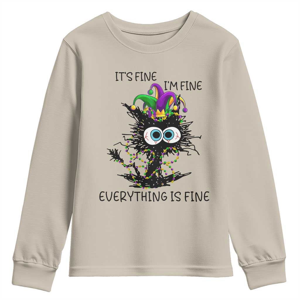 Funny Mardi Gras Cat Youth Sweatshirt It's Fine I'm Fine Everything Is Fine Jester Hat Beads