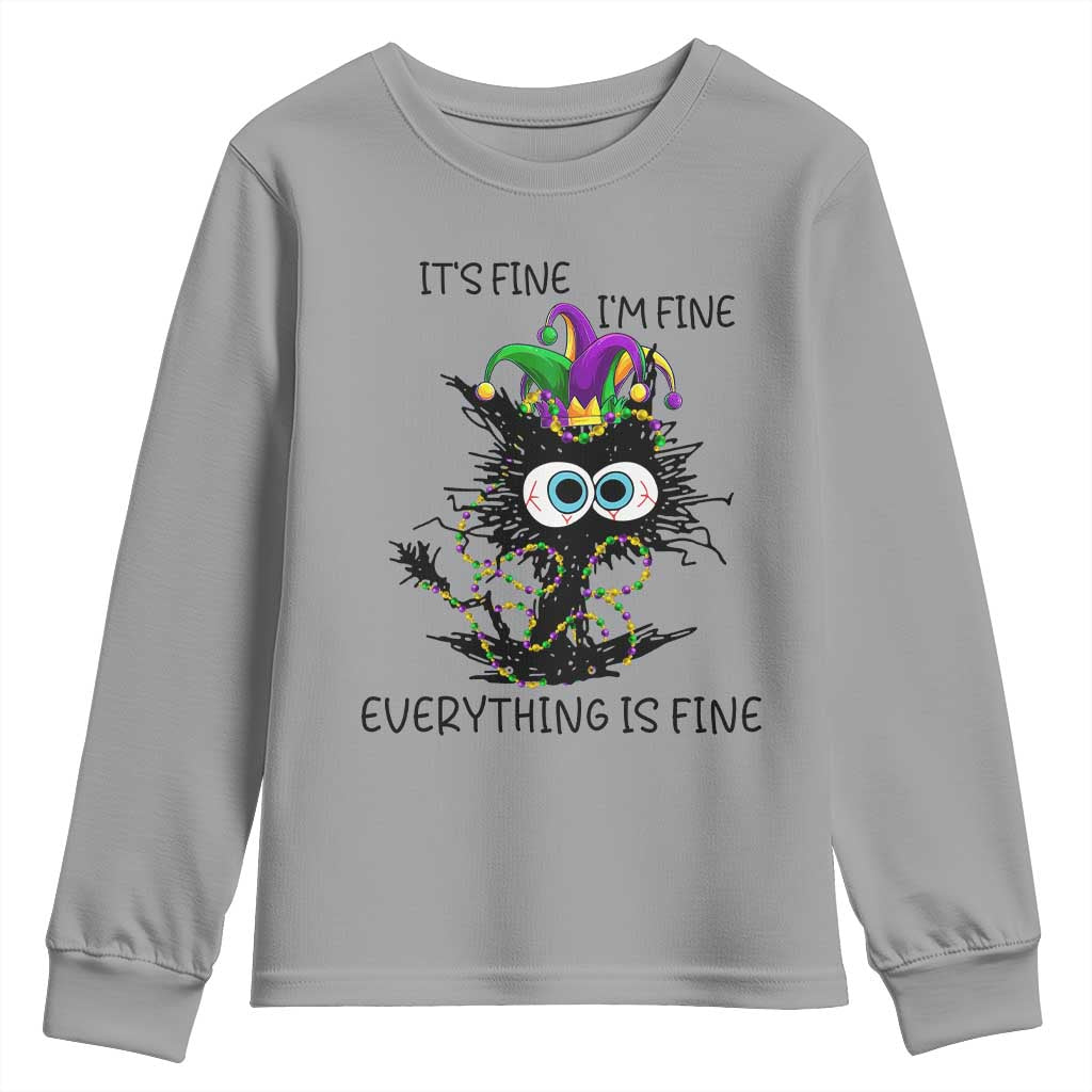 Funny Mardi Gras Cat Youth Sweatshirt It's Fine I'm Fine Everything Is Fine Jester Hat Beads