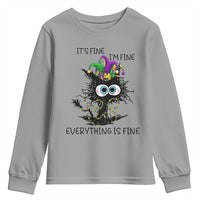 Funny Mardi Gras Cat Youth Sweatshirt It's Fine I'm Fine Everything Is Fine Jester Hat Beads