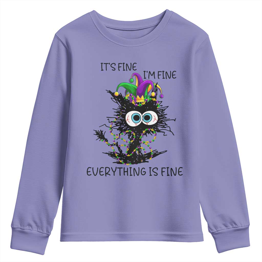 Funny Mardi Gras Cat Youth Sweatshirt It's Fine I'm Fine Everything Is Fine Jester Hat Beads