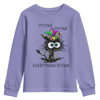Funny Mardi Gras Cat Youth Sweatshirt It's Fine I'm Fine Everything Is Fine Jester Hat Beads