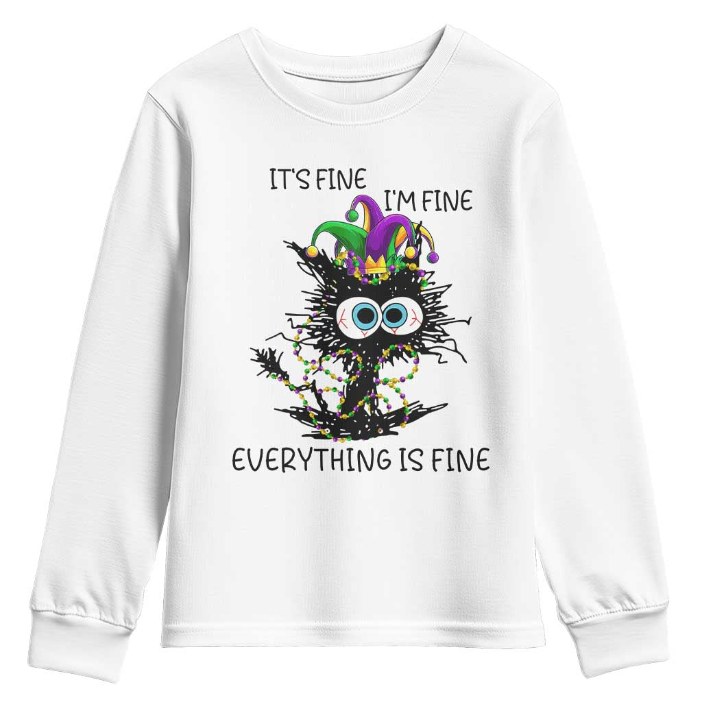 Funny Mardi Gras Cat Youth Sweatshirt It's Fine I'm Fine Everything Is Fine Jester Hat Beads