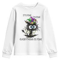 Funny Mardi Gras Cat Youth Sweatshirt It's Fine I'm Fine Everything Is Fine Jester Hat Beads