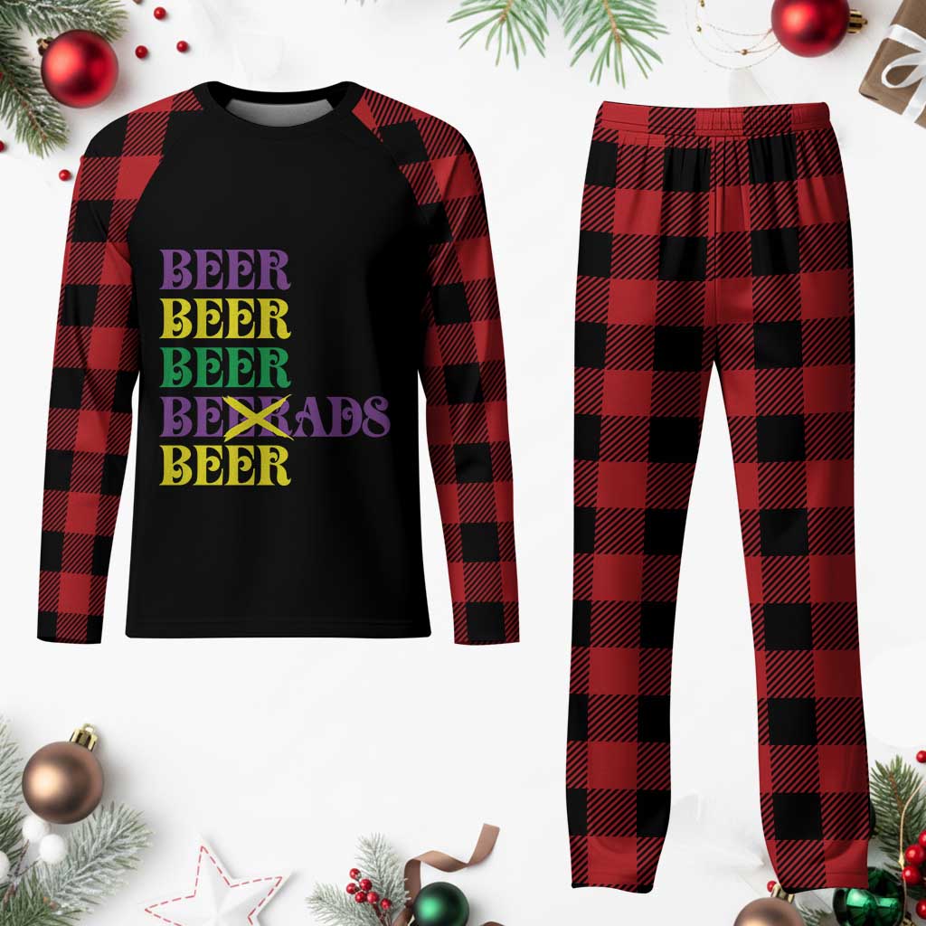 Funny Mardi Gras Drinking Plaid Pajama Set Retro Beads Beer Carnival Party