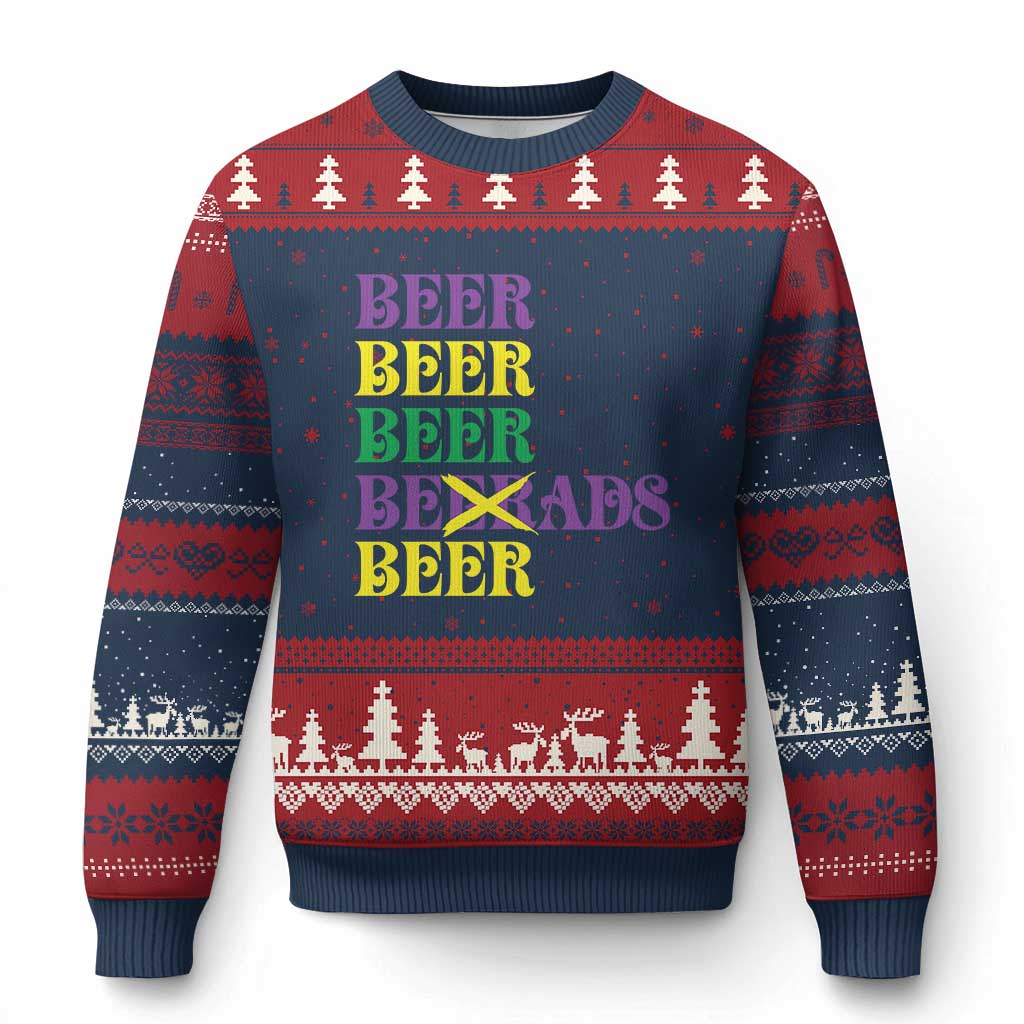 Funny Mardi Gras Drinking Ugly Christmas Sweater Retro Beads Beer Carnival Party