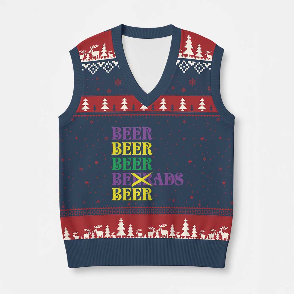 Funny Mardi Gras Drinking V-Neck Knit Sweater Vest Retro Beads Beer Carnival Party