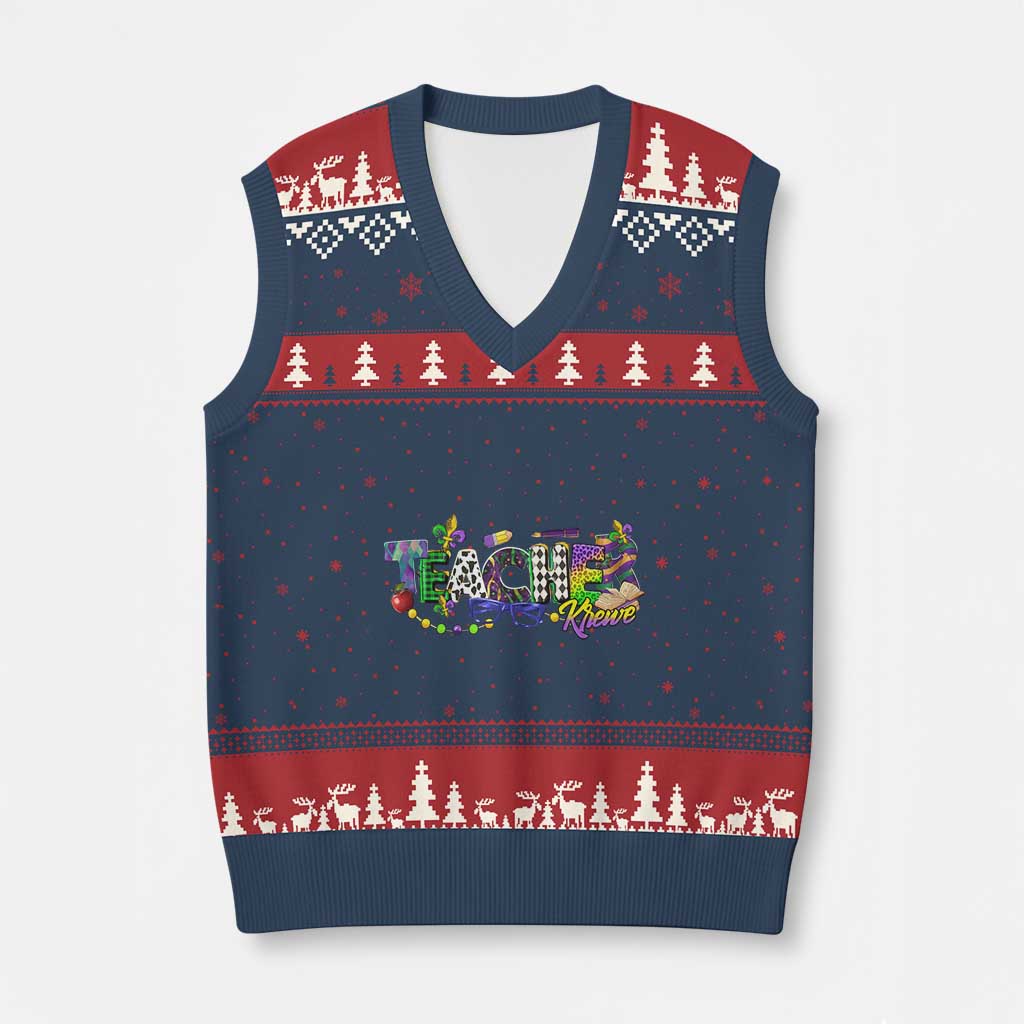 Funny Mardi Gras Teacher Krewe V-Neck Knit Sweater Vest Parade Carnival School Beads